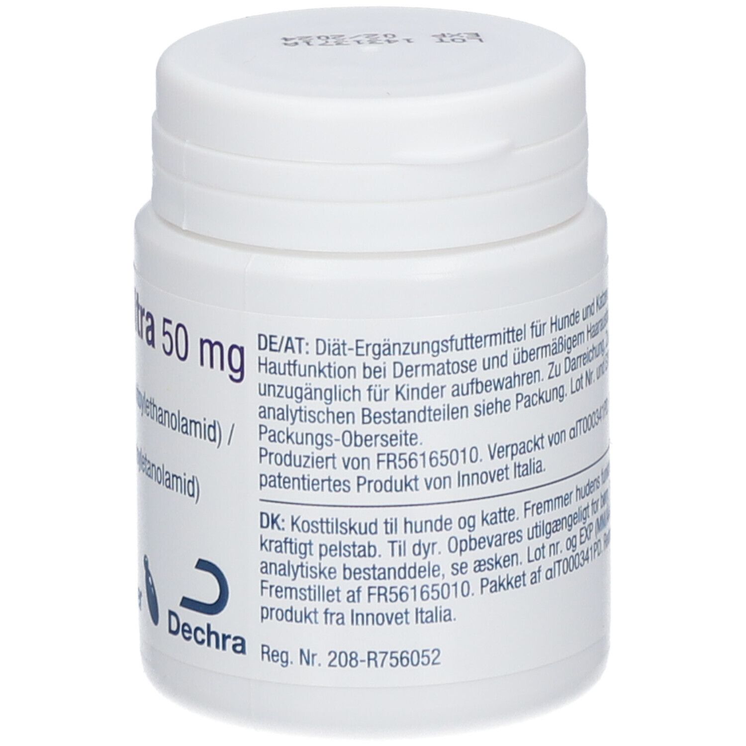 Weiße Flasche mit Kapseln. Aufschrift: Redonyl® Ultra 50 mg, 60 Kapseln. Logo: Hund, Katze, Fisch. Marke: Dechra.