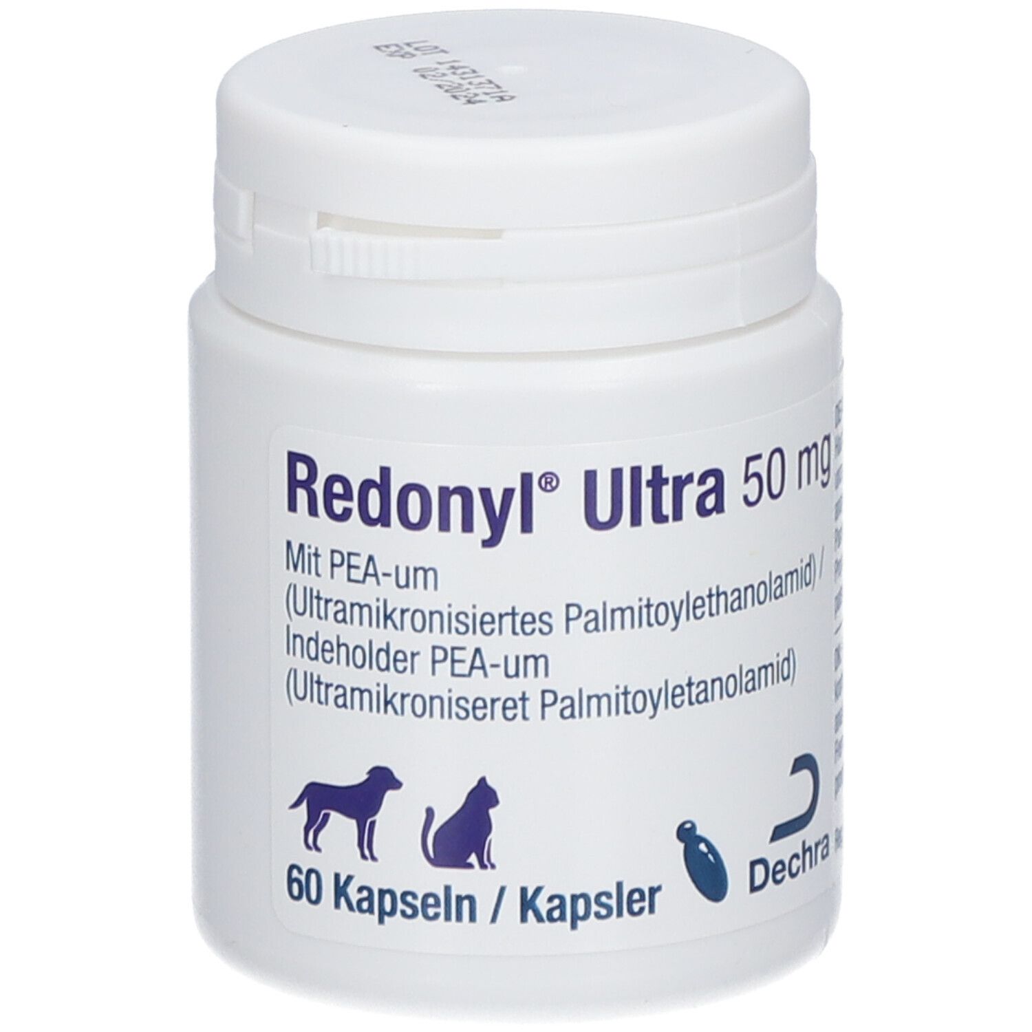 Weiße Flasche mit Kapseln. Aufschrift: Redonyl® Ultra 50 mg, 60 Kapseln. Logo: Hund, Katze, Fisch. Marke: Dechra.