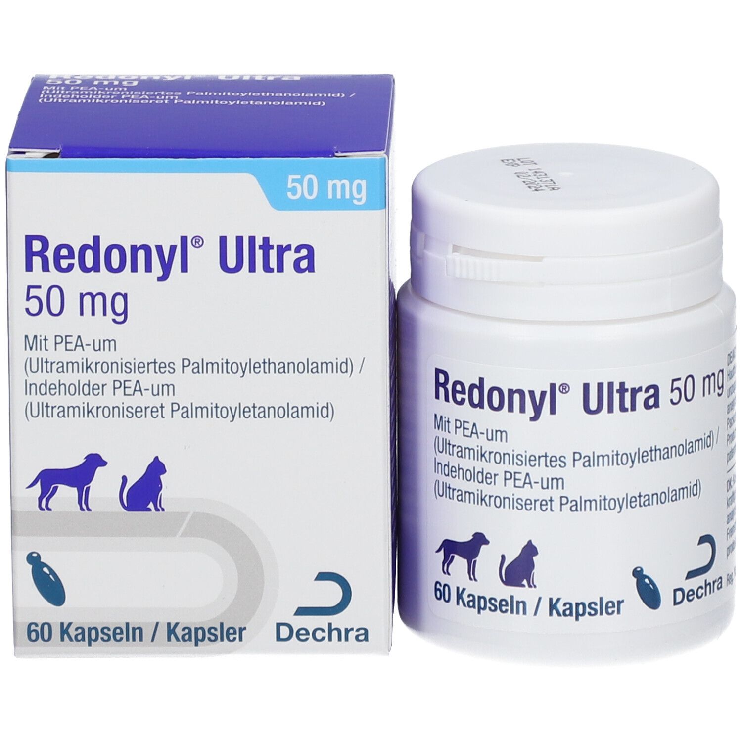 Produktverpackung: Flasche und Karton. Aufschrift: Redonyl® Ultra 50 mg, 60 Kapseln. Logo: Hund, Katze, Fisch. Marke: Dechra.