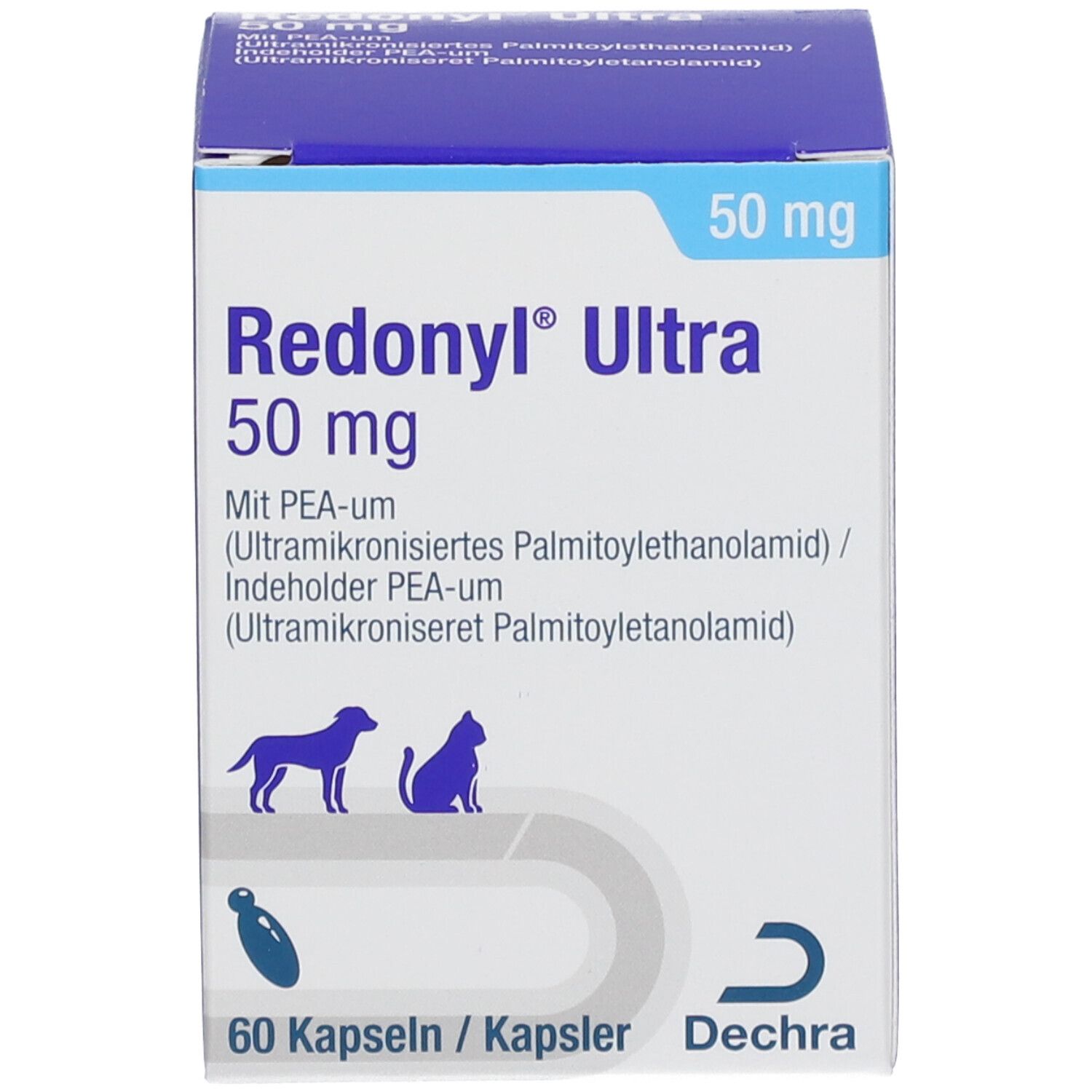 Produktverpackung: Karton. Aufschrift: Redonyl® Ultra 50 mg, 60 Kapseln. Logo: Hund, Katze, Fisch. Marke: Dechra.