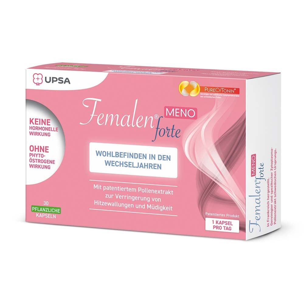 Femalen® forte MENO-Packung. Rosa-weiß, 30 Kapseln. Text: Keine Hormone, ohne Phytoöstrogene. Für Wechseljahre.