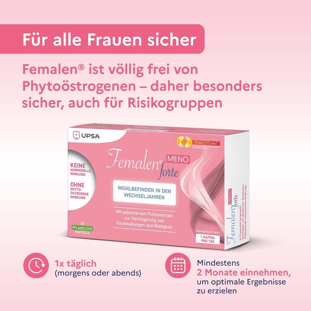 Emballage du produit Femalen® forte MENO. Texte : Sûr pour toutes les femmes. 1x par jour. Prendre pendant au moins 2 mois.