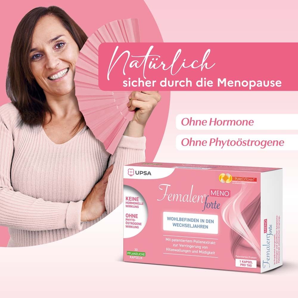 Frau mit Fächer und Femalen® forte MENO Packung. Text: Natürlich sicher durch die Menopause. Ohne Hormone, ohne Phytoöstrogene.