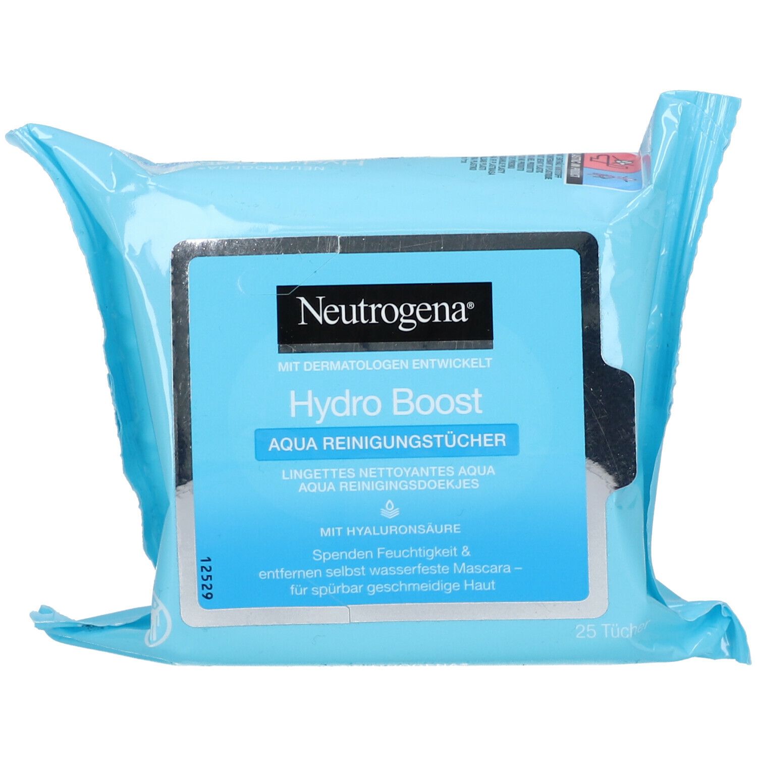 Blau-transparente Verpackung mit Produktbezeichnung und Logo. Text: Hydro Boost AQUA Reinigungstücher. 25 Tücher.