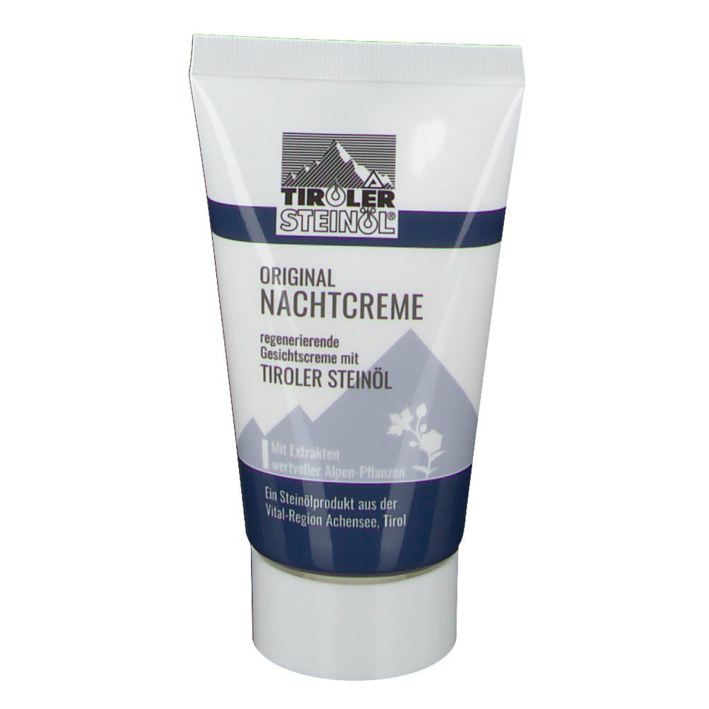 Creme-Tube mit Logo und Schriftzug. Aufschrift: ORIGINAL NACHTCREME. Regenerierende Gesichtscreme mit Tiroler Steinöl.