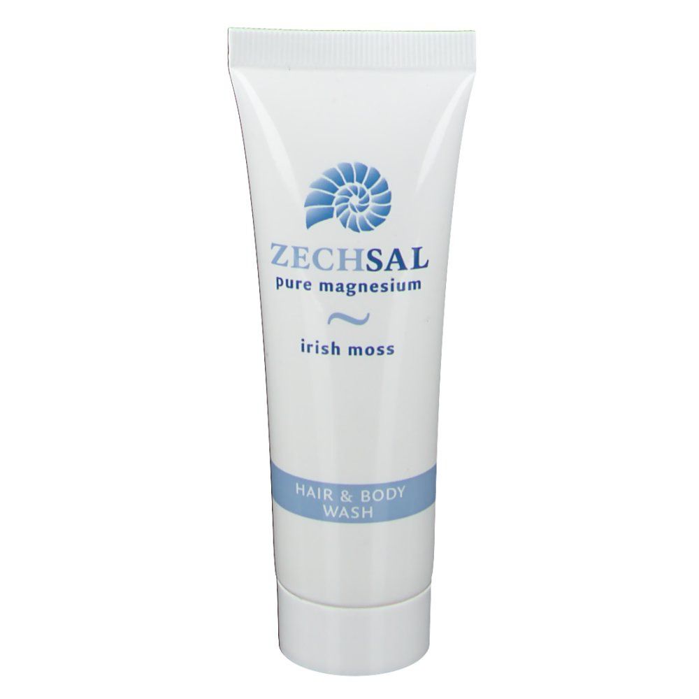 Tube blanche avec bande bleue et texte ZECHSAL. Contient Hair & Body Wash. Logo: coquillage bleu.