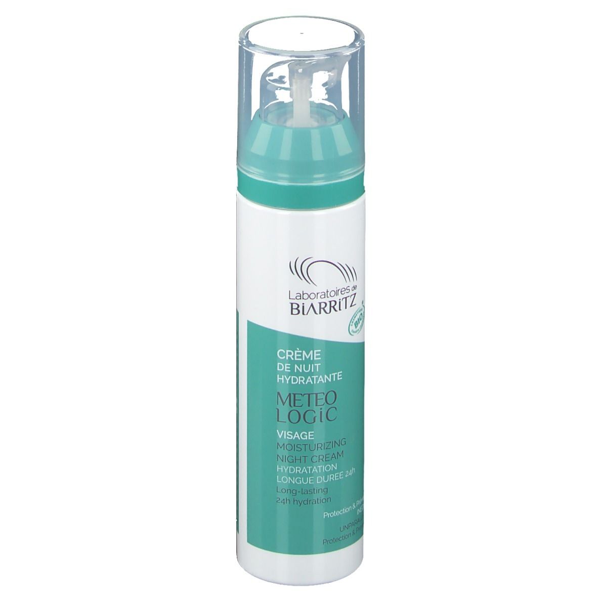 Flacon de crème blanc et turquoise. Inscriptions: Laboratoires de BIARRITZ, Crème de Nuit Hydratante, METEO LOGIC, Visage.