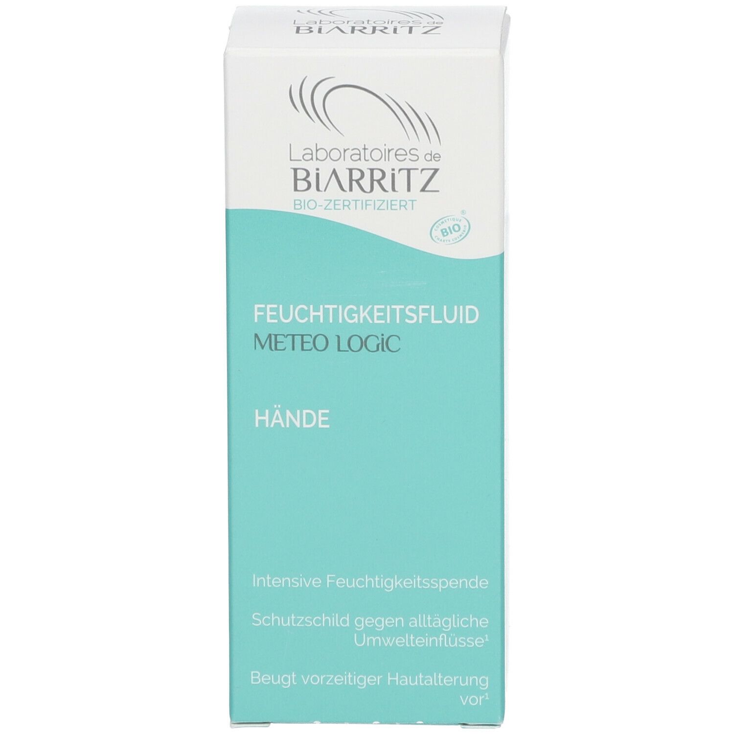 Emballage du produit. Inscription : Fluide hydratant METEO LOGIC, Mains, logo Bio. Design blanc et turquoise.