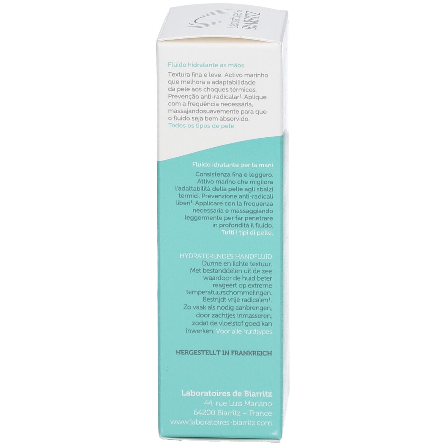 Dos de l'emballage. Texte multilingue. Logo Laboratoires de Biarritz. Logo Bio.