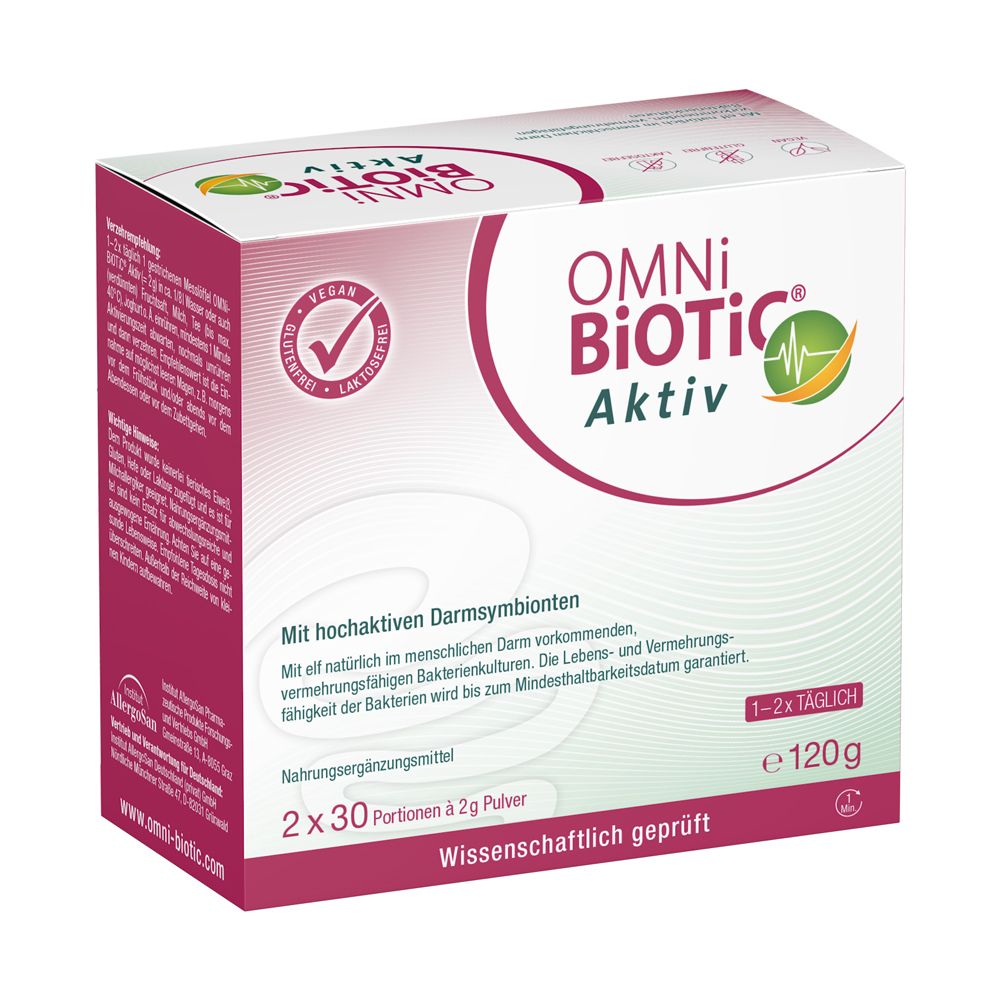 Boîte OMNi BiOTiC® Aktiv avec 2x30 sachets de 2g de poudre. Testé scientifiquement. Végétalien, sans gluten, sans lactose.