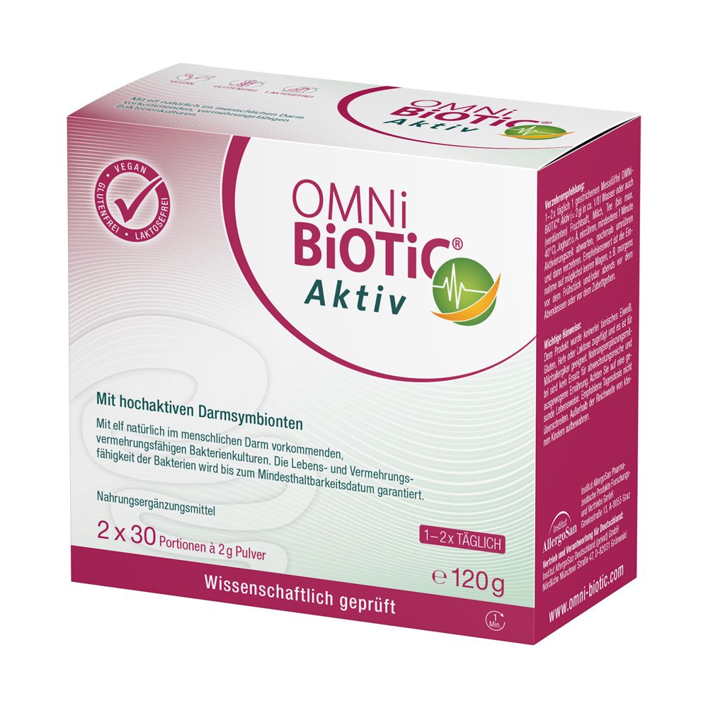 OMNi BiOTiC® Aktiv boîte, verso avec instructions d'utilisation détaillées et ingrédients. 2x30 sachets de 2g.