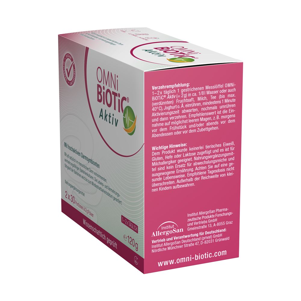 OMNi BiOTiC® Aktiv boîte, vue latérale avec recommandation de consommation et informations importantes. 2x30 sachets de 2g.