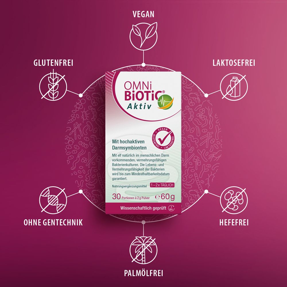 Boîte OMNi BiOTiC® Aktiv entourée de symboles pour Végétalien, Sans Gluten, Sans Lactose, Sans OGM, Sans Huile de Palme. 60g.