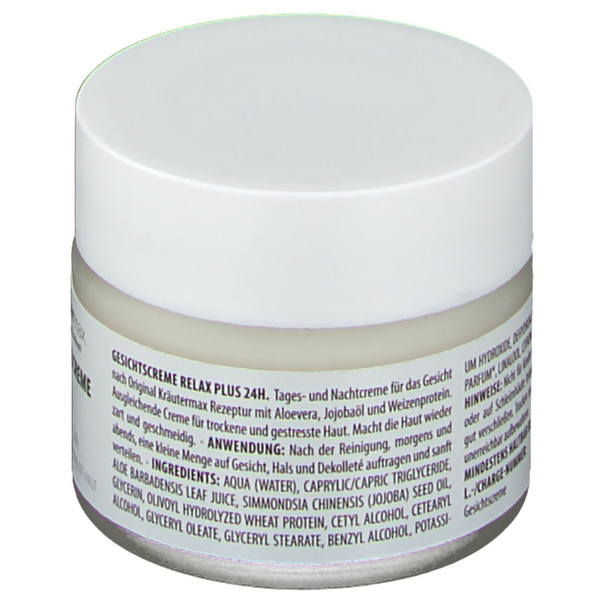 Pot de crème avec couvercle blanc. Dos avec texte : Gesichtscreme Relax Plus. Instructions d'utilisation et ingrédients.