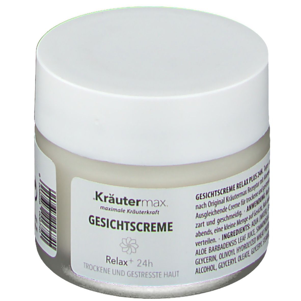 Pot de crème avec couvercle blanc. Étiquette avec nom du produit et marque Kräutermax. Texte : Gesichtscreme Relax Plus.