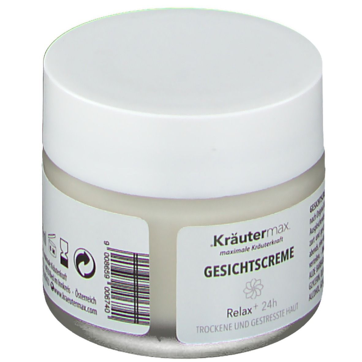 Pot de crème avec couvercle blanc. Étiquette avec nom du produit et marque Kräutermax. Texte : Gesichtscreme Relax Plus. Code-barres.