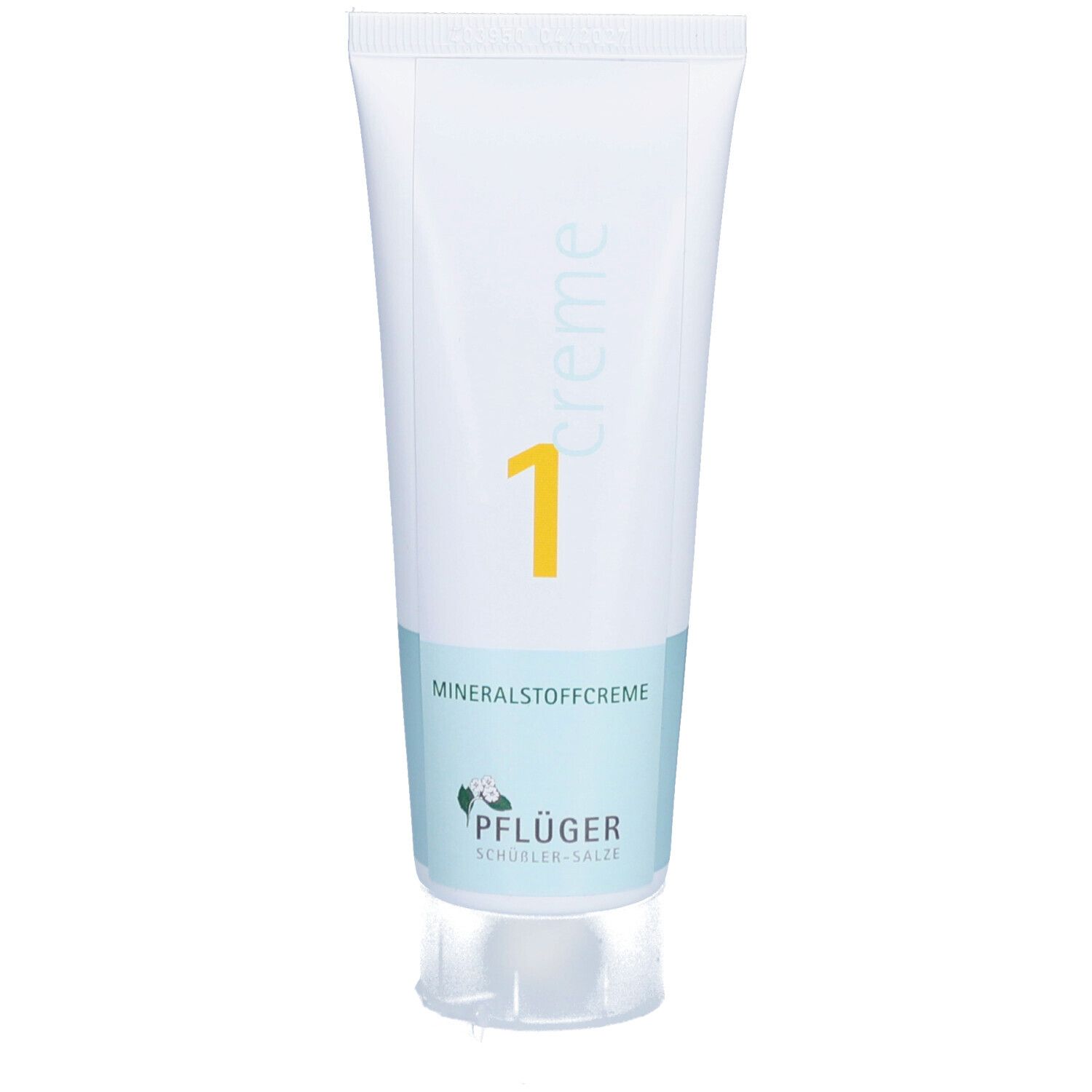 Tube de crème blanche avec "1" jaune. Inscriptions "Mineralstoffcreme" et "Pflüger Schüssler-Salze".