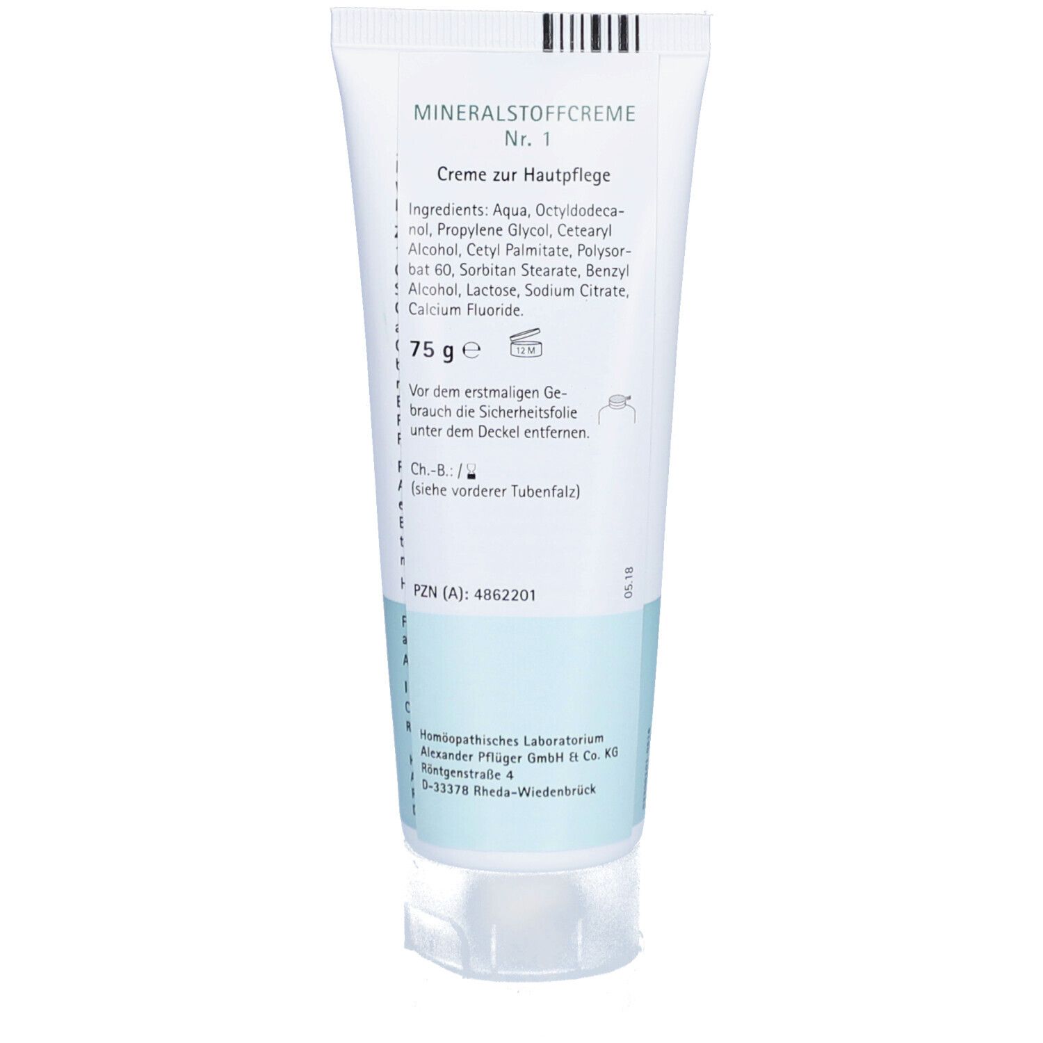 Dos du tube de crème. Texte : "Mineralstoffcreme Nr. 1", ingrédients, 75 g, numéro PZN, fabricant.