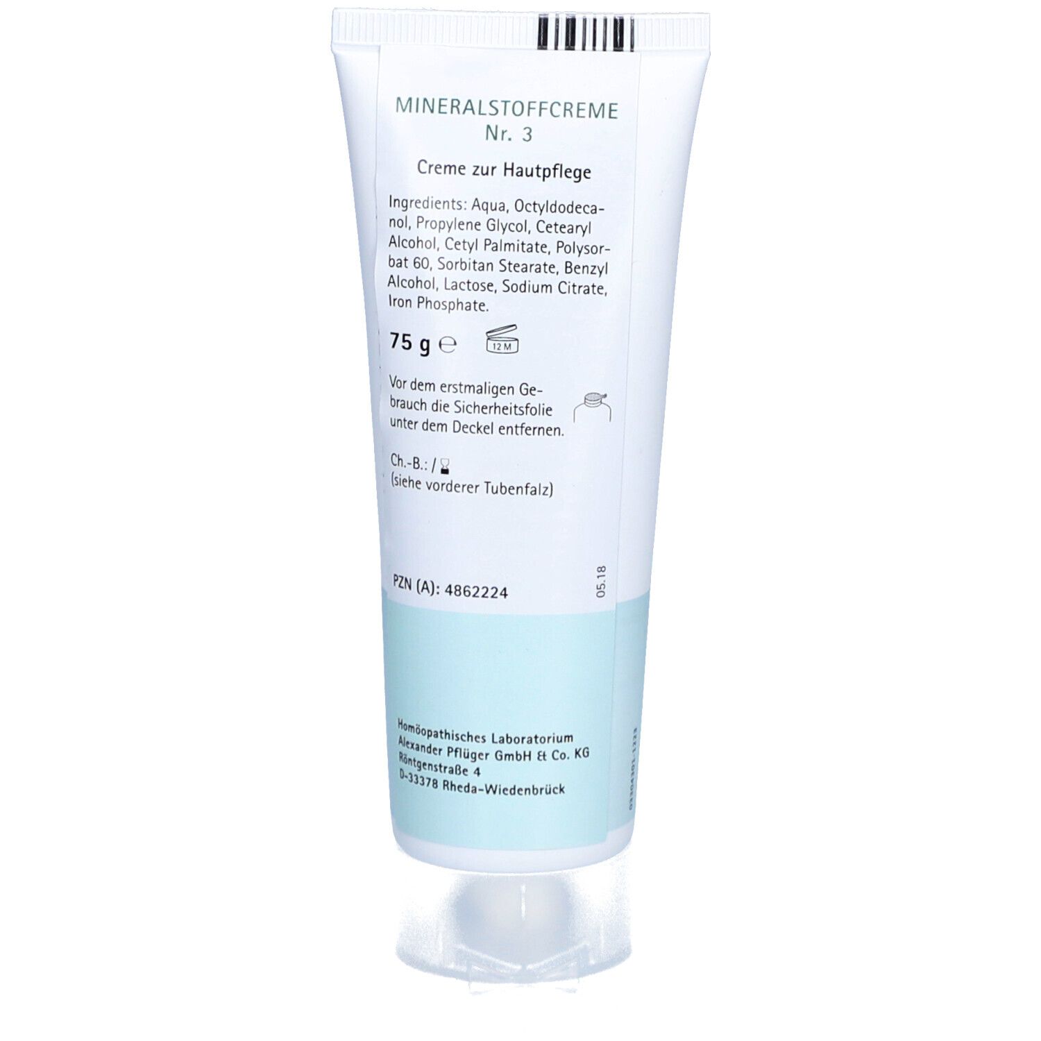 Rückseite der Creme-Tube. Text mit Inhaltsstoffen und "75 g".