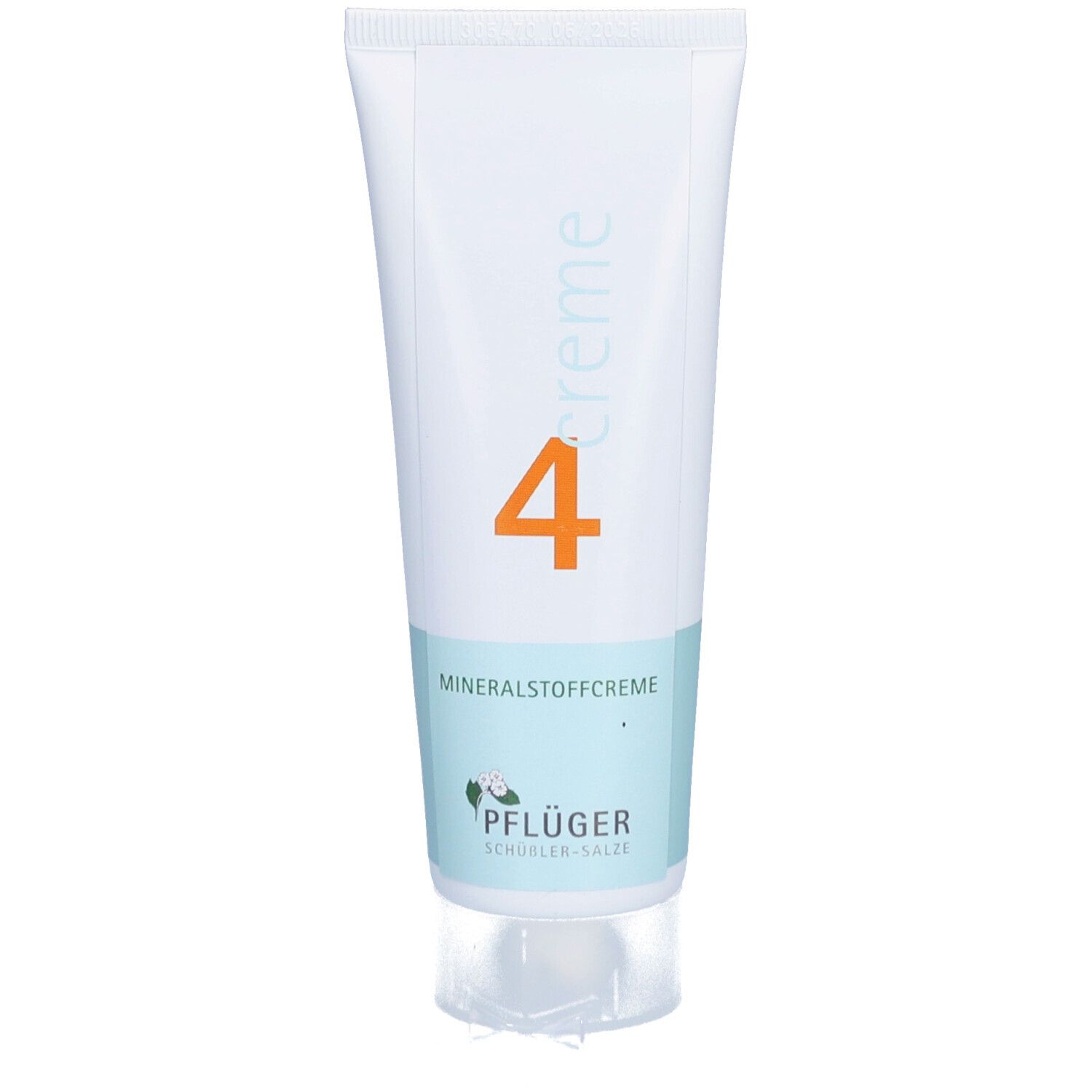 Tube de crème "4". Crème minérale Pflüger. Tube blanc avec bande bleu clair et chiffre orange.