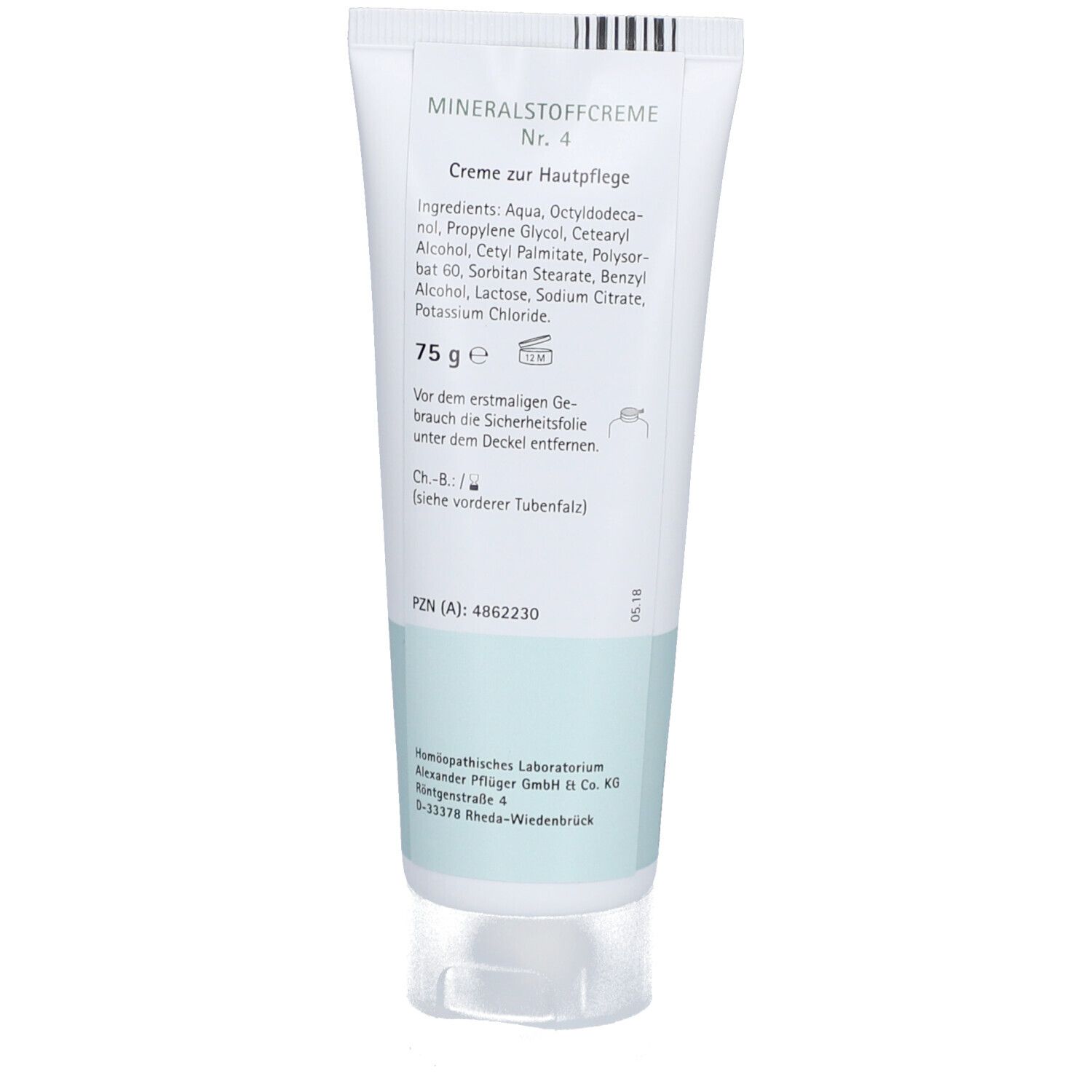 Dos du tube de crème. Texte: Crème minérale Nr. 4, ingrédients, 75 g, Pflüger. Tube blanc avec bande bleu clair.