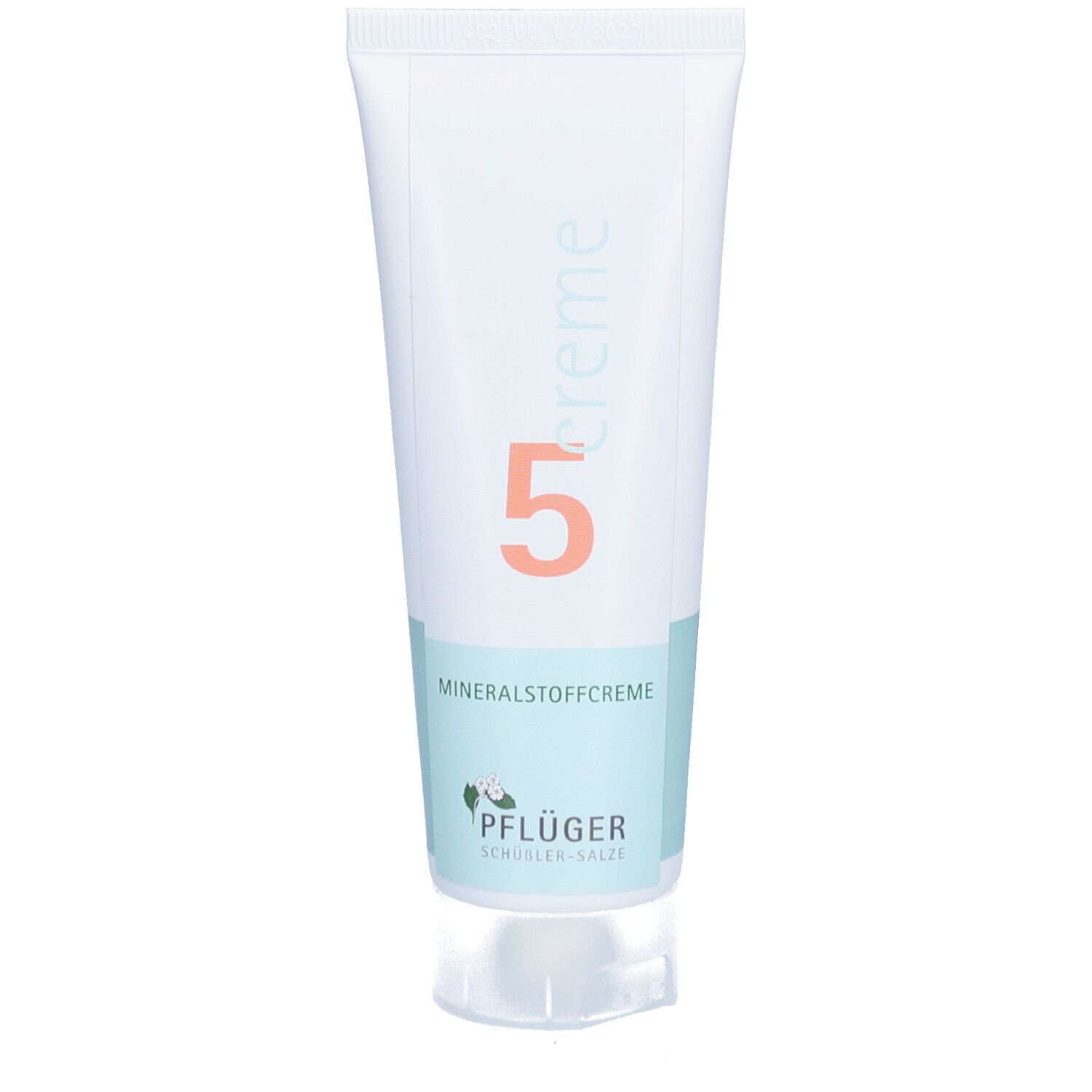 Creme-Tube mit Aufschrift "5" und "Mineralstoffcreme". Pflüger-Logo und Schriftzug.