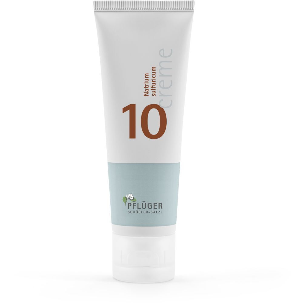 Tube de crème avec "10" et "Natrium sulfuricum creme". Marque : Pflüger Schüßler-Salze.