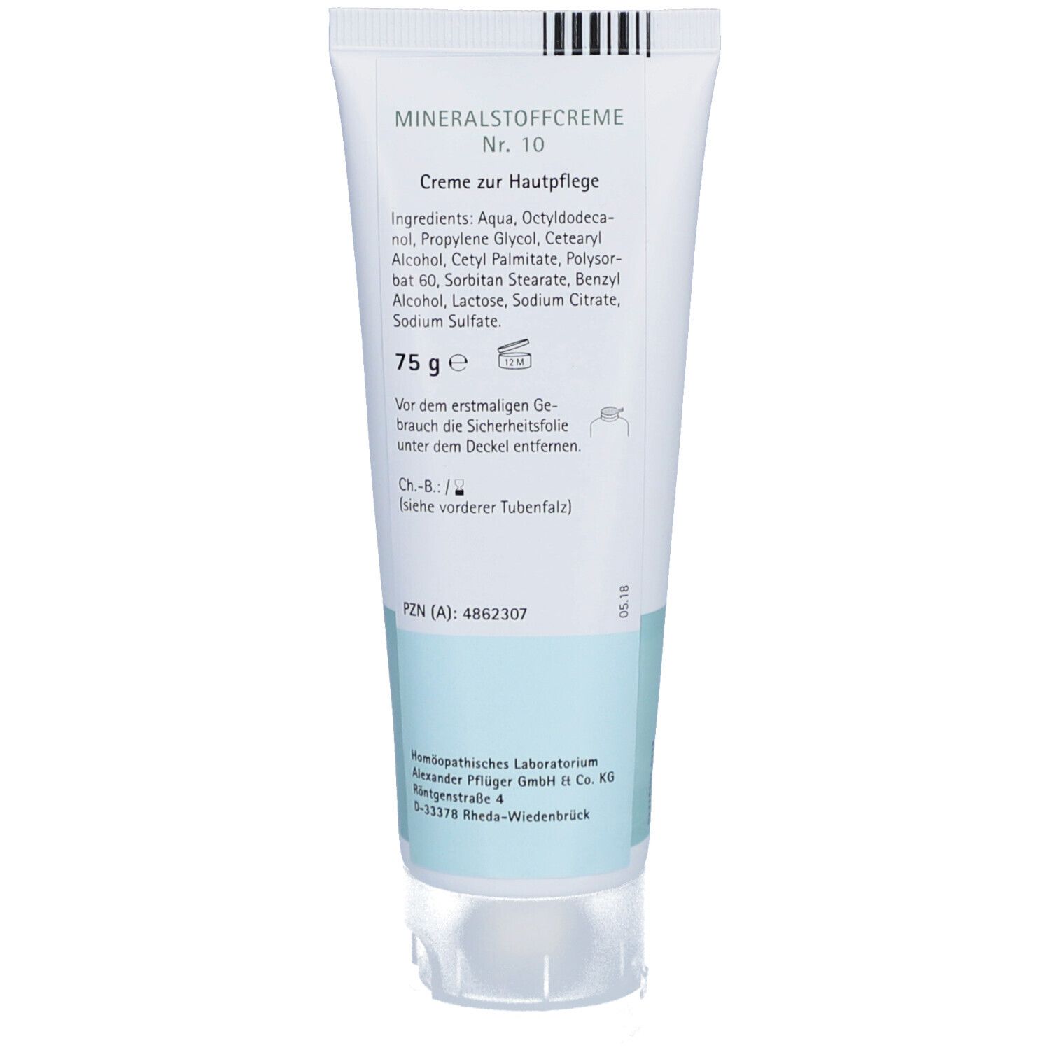 Dos du tube de crème. Texte: "Mineralstoffcreme Nr. 10", ingrédients, 75 g, PZN, fabricant.