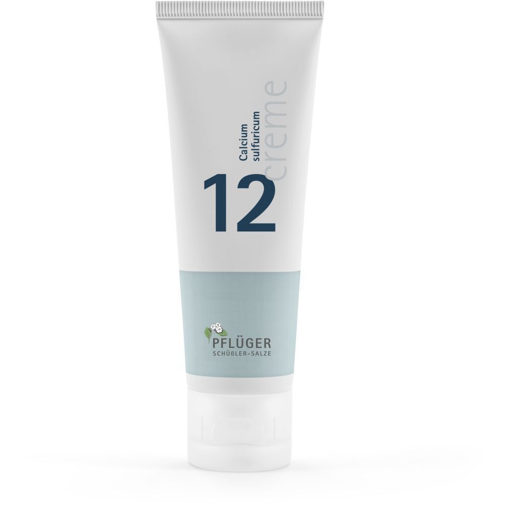 Tube de crème avec l'inscription "12 Calcium sulfuricum creme". Marque : Pflüger Schüßler-Salze.
