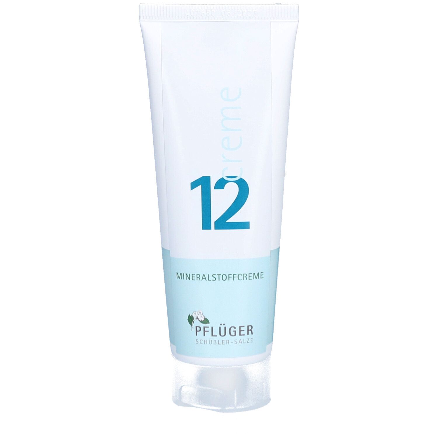 Tube blanche avec texte bleu "12" et "Mineralstoffcreme". Logo Pflüger en bas.