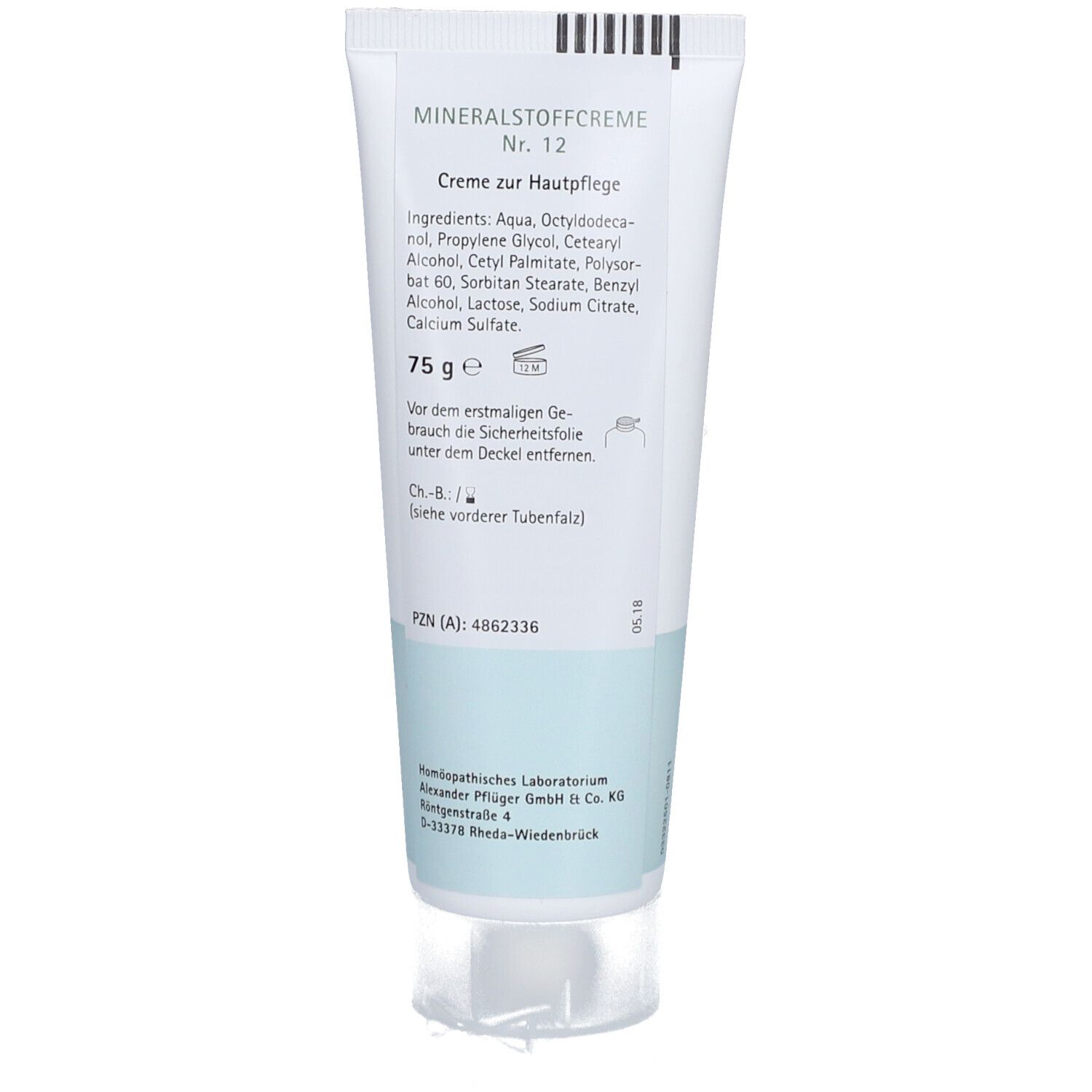 Dos du tube avec texte: "Mineralstoffcreme Nr. 12". Ingrédients, poids, fabricant.