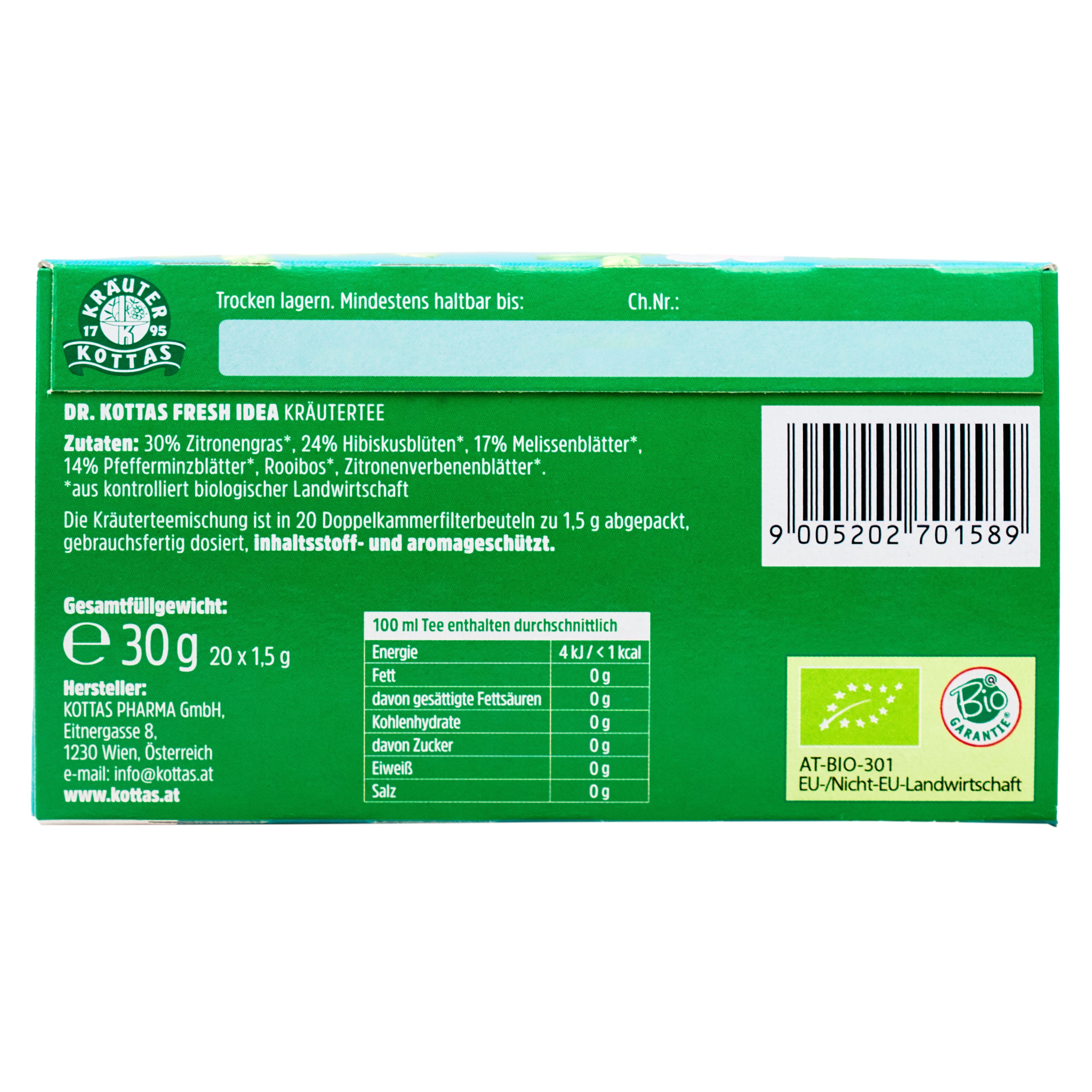 Dr. Kottas Fresh Idea Kräutertee: 30g Packung mit 20 Doppelkammerfilterbeuteln. Zutaten: Zitronengras, Hibiskusblüten, Melissenblätter, Pfefferminzblätter, Rooibos, Zitronenverbene.