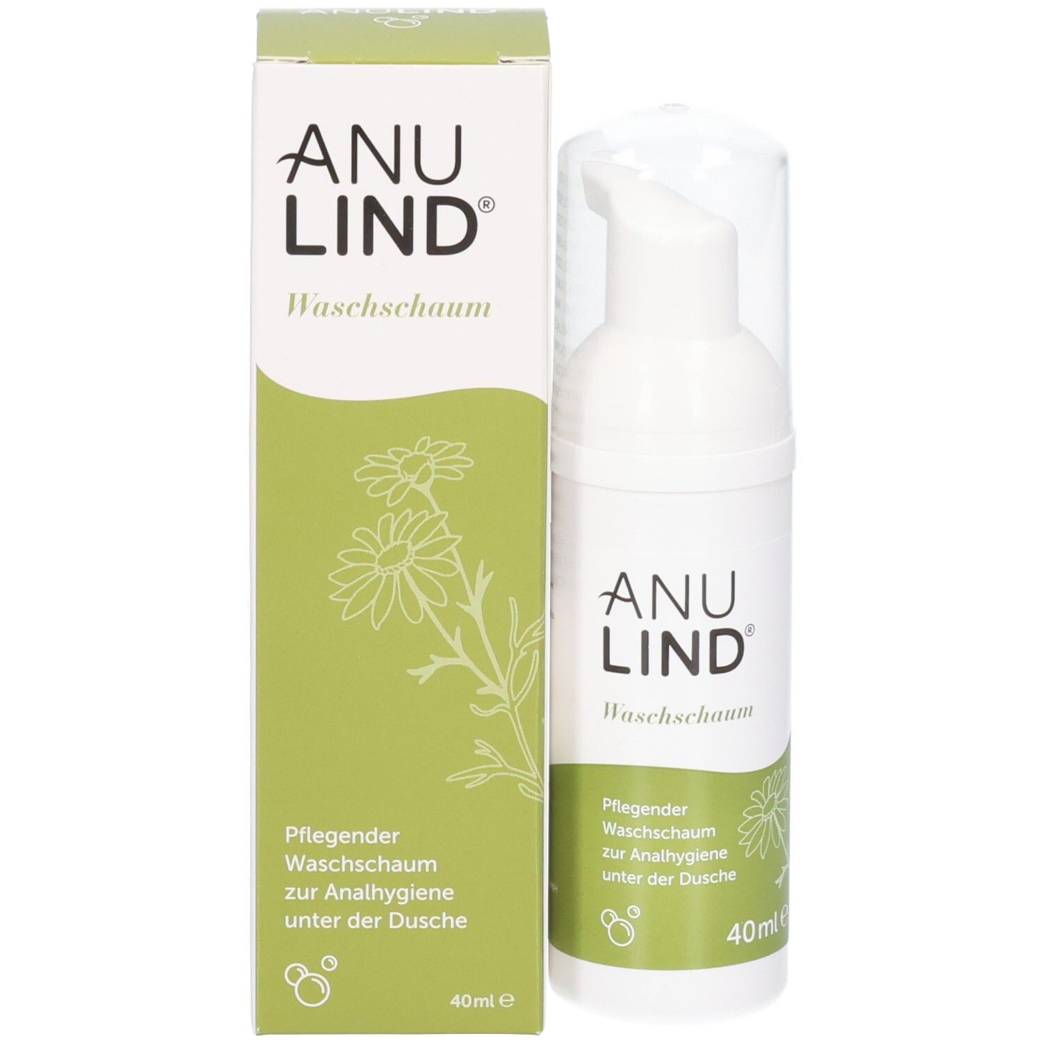 Produktverpackung mit Flasche und Karton. Aufschrift: ANU LIND Waschschaum. Grüne Verpackung mit Text und Logo. 40ml.