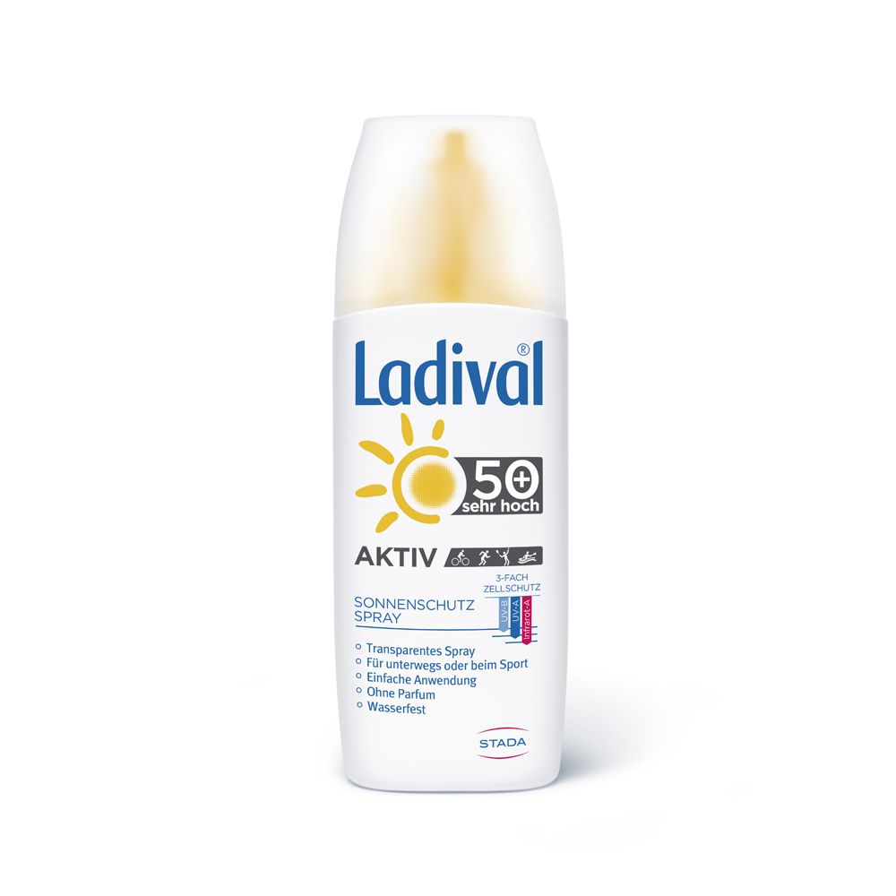 Weißes Sonnenschutzspray von Ladival mit gelbem Sprühkopf. Enthält Lichtschutzfaktor 50+. Text: Aktiv, Sonnenschutz Spray, transparentes Spray.