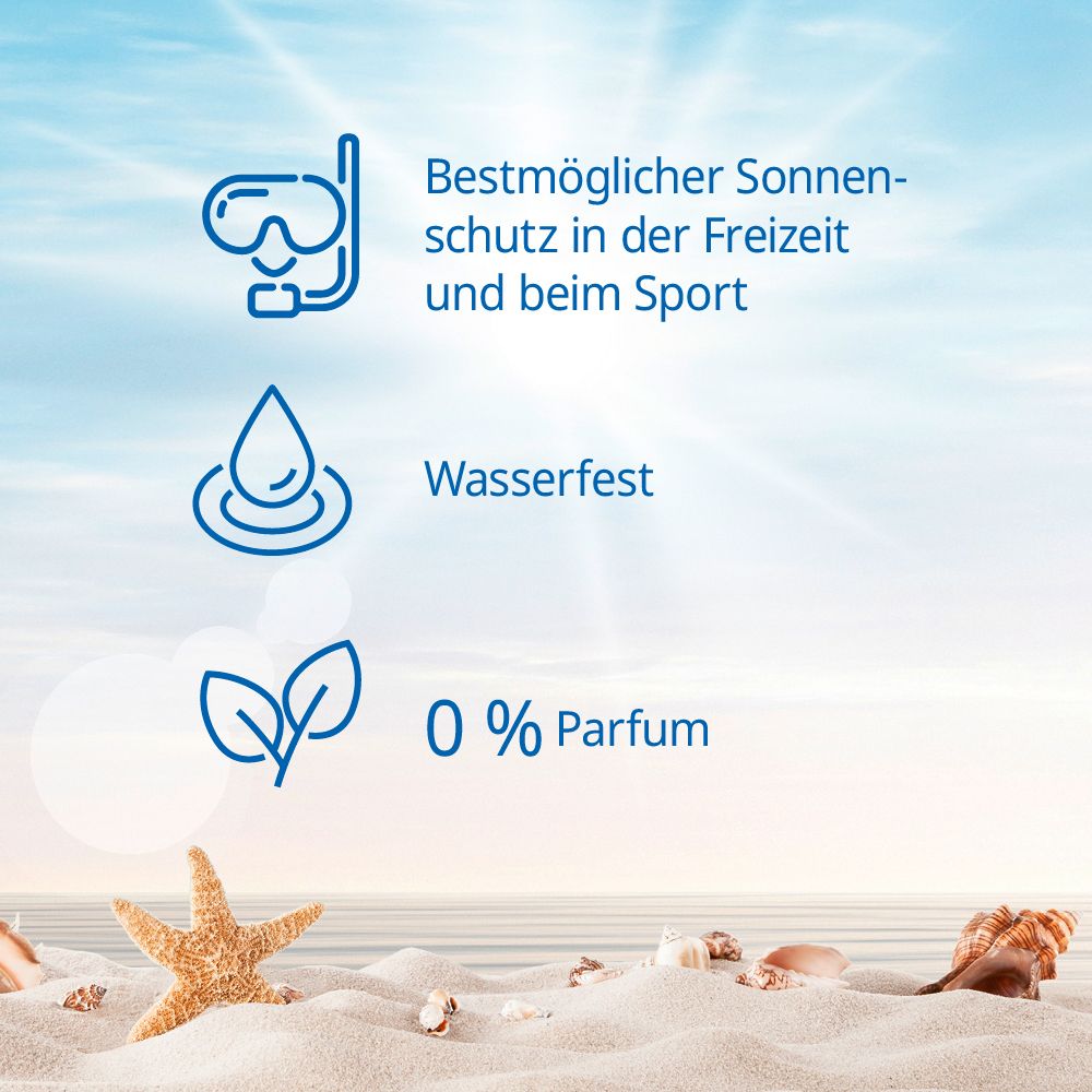 Grafik mit Symbolen: Bester Sonnenschutz, wasserfest, 0% Parfum. Strandhintergrund mit Stern und Muschel.