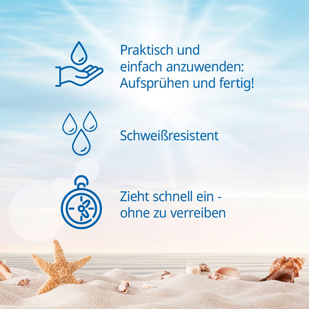 Grafik mit Symbolen: Einfache Anwendung, schweißresistent, zieht schnell ein. Strandhintergrund mit Stern und Muschel.