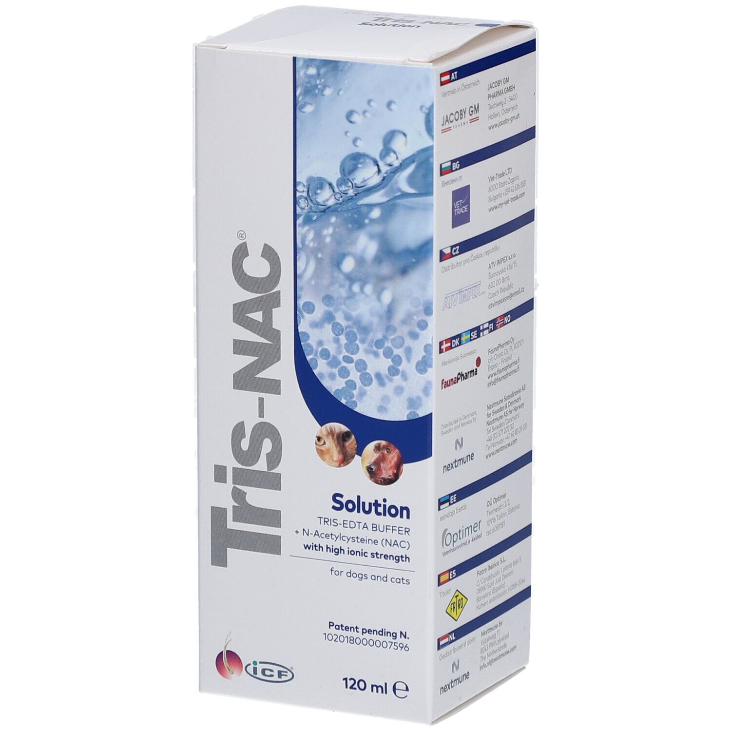 Boîte de solution Tris-NAC. Inscription : Tris-EDTA Buffer, N-Acétylcystéine (NAC) pour chiens et chats. 120 ml.