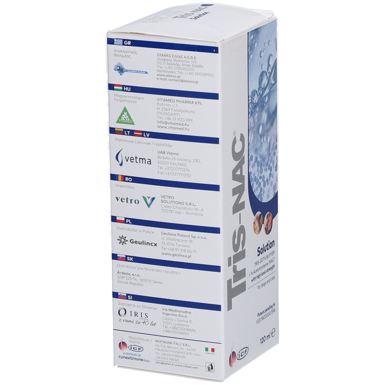 Boîte de solution Tris-NAC. Vue latérale avec adresses et logos. Inscription : Tris-NAC Solution.