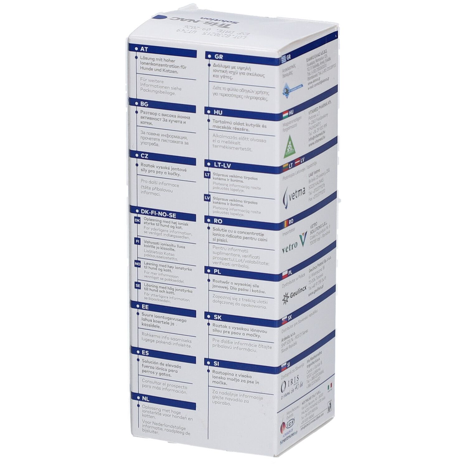 Boîte de solution Tris-NAC. Vue latérale avec adresses et logos. Inscription : Tris-NAC Solution.