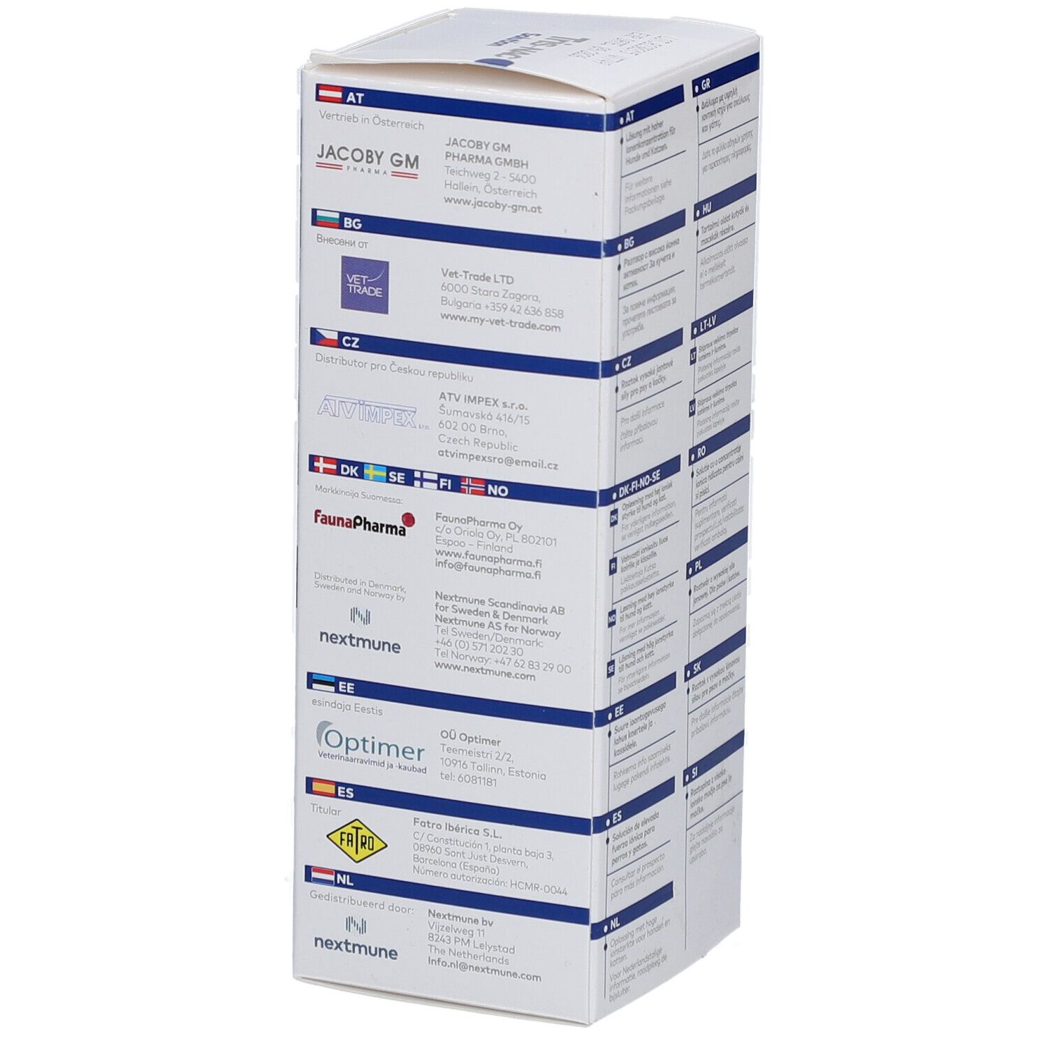 Boîte de solution Tris-NAC. Vue latérale avec adresses et logos. Inscription : Tris-NAC Solution.