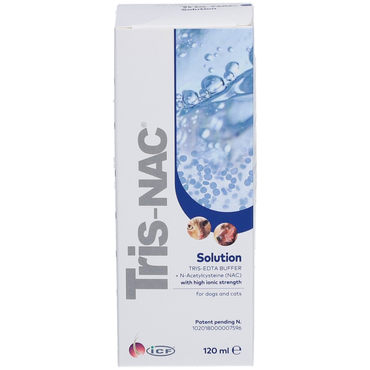 Boîte de solution Tris-NAC. Inscription : Tris-EDTA Buffer, N-Acétylcystéine (NAC) pour chiens et chats. 120 ml.