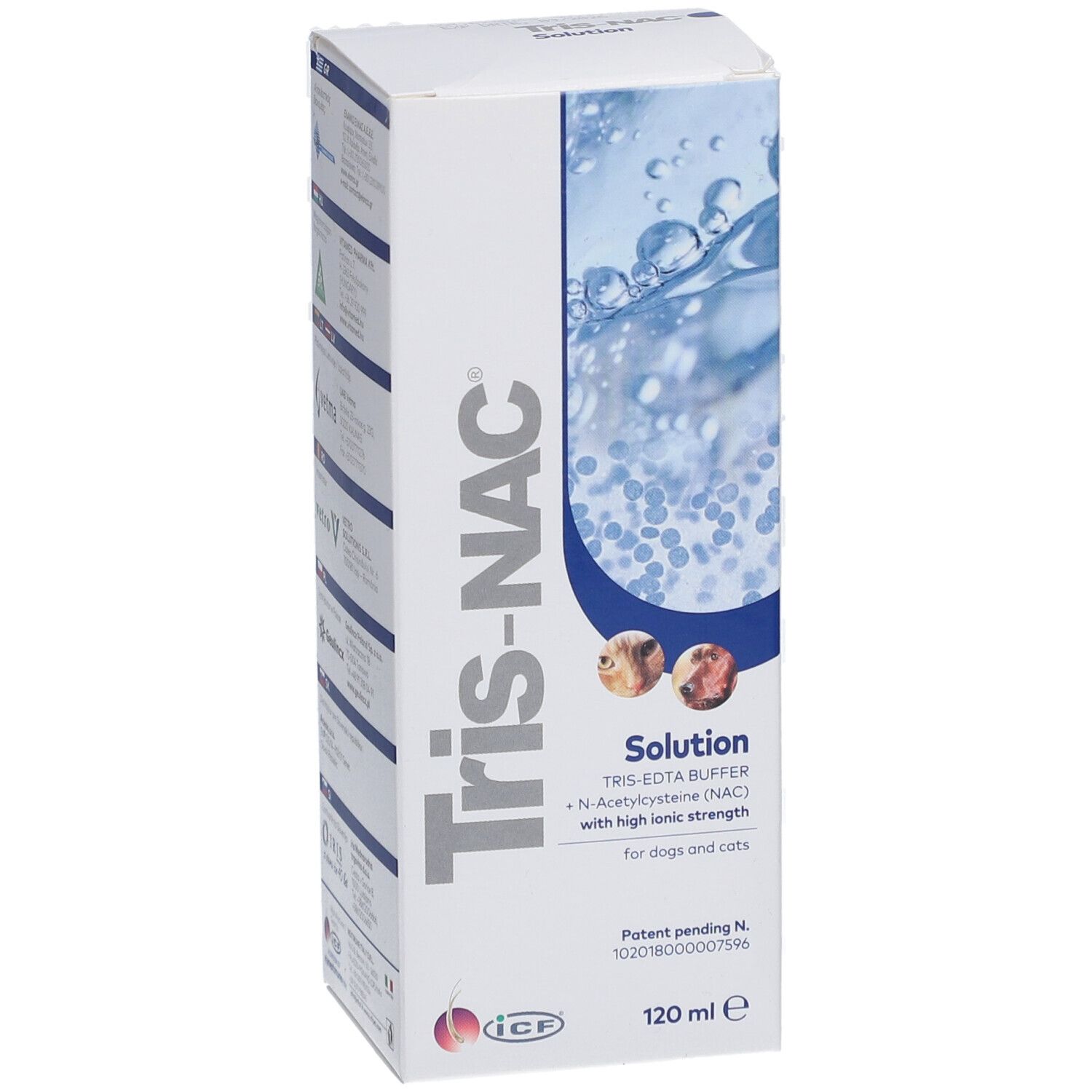 Boîte de solution Tris-NAC. Inscription : Tris-EDTA Buffer, N-Acétylcystéine (NAC) pour chiens et chats. 120 ml.
