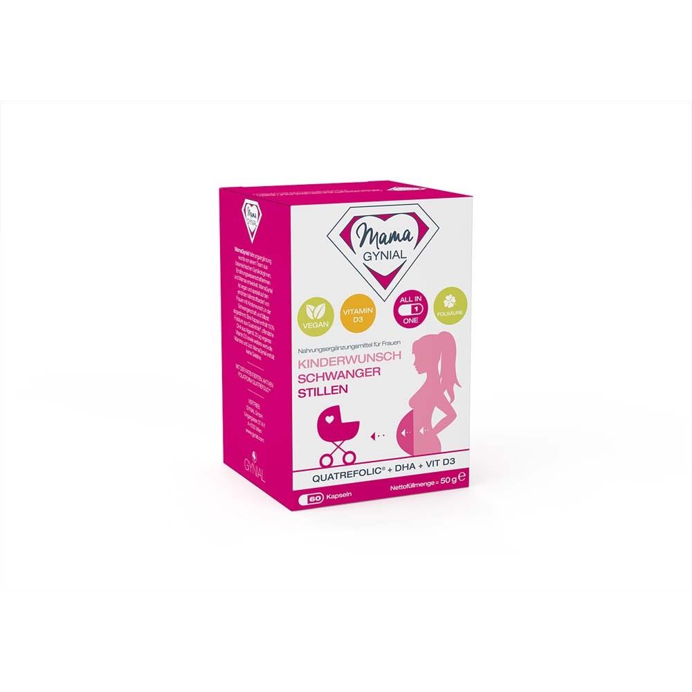 Rosa Schachtel mit MamaGynial-Logo, Schriftzug und Illustration einer schwangeren Frau. Enthält Kapseln.