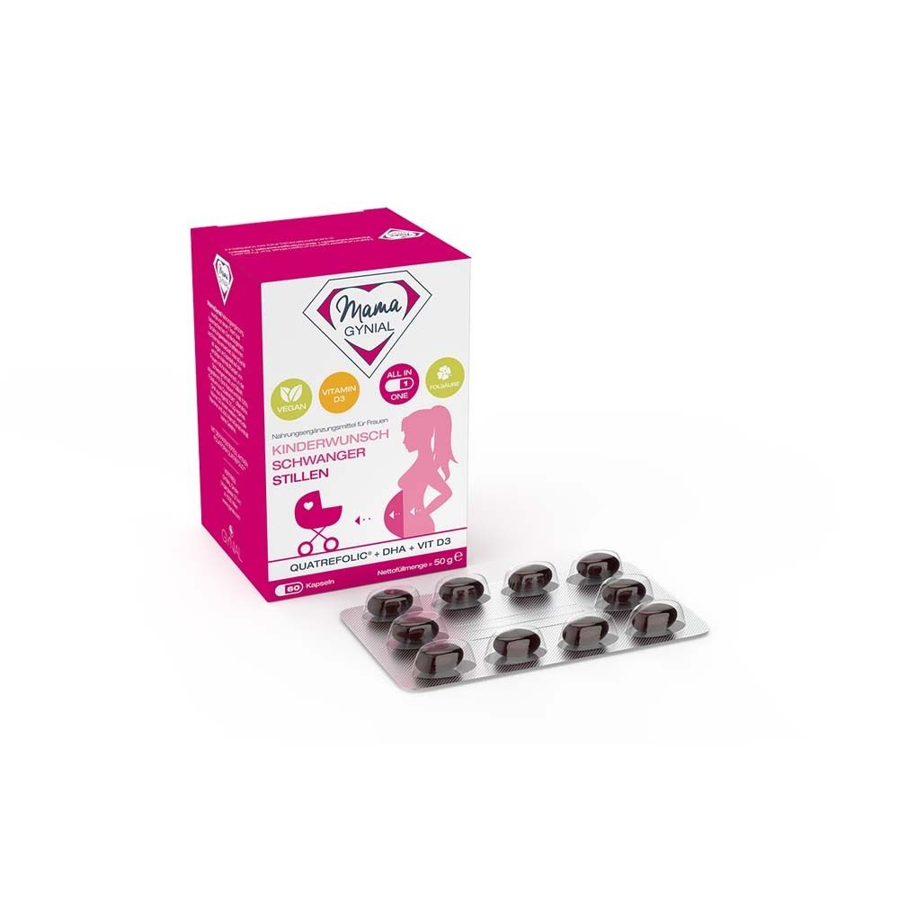 Rosa MamaGynial-Schachtel mit Kapseln auf Blister. Logo, Text und Illustration einer schwangeren Frau.