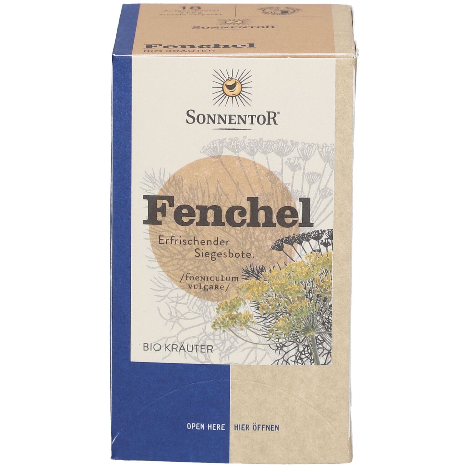 Vorderseite der Teebox mit Produktname, Logo und Illustrationen von Fenchelblüten. Bio Kräuter. SonnentoR.