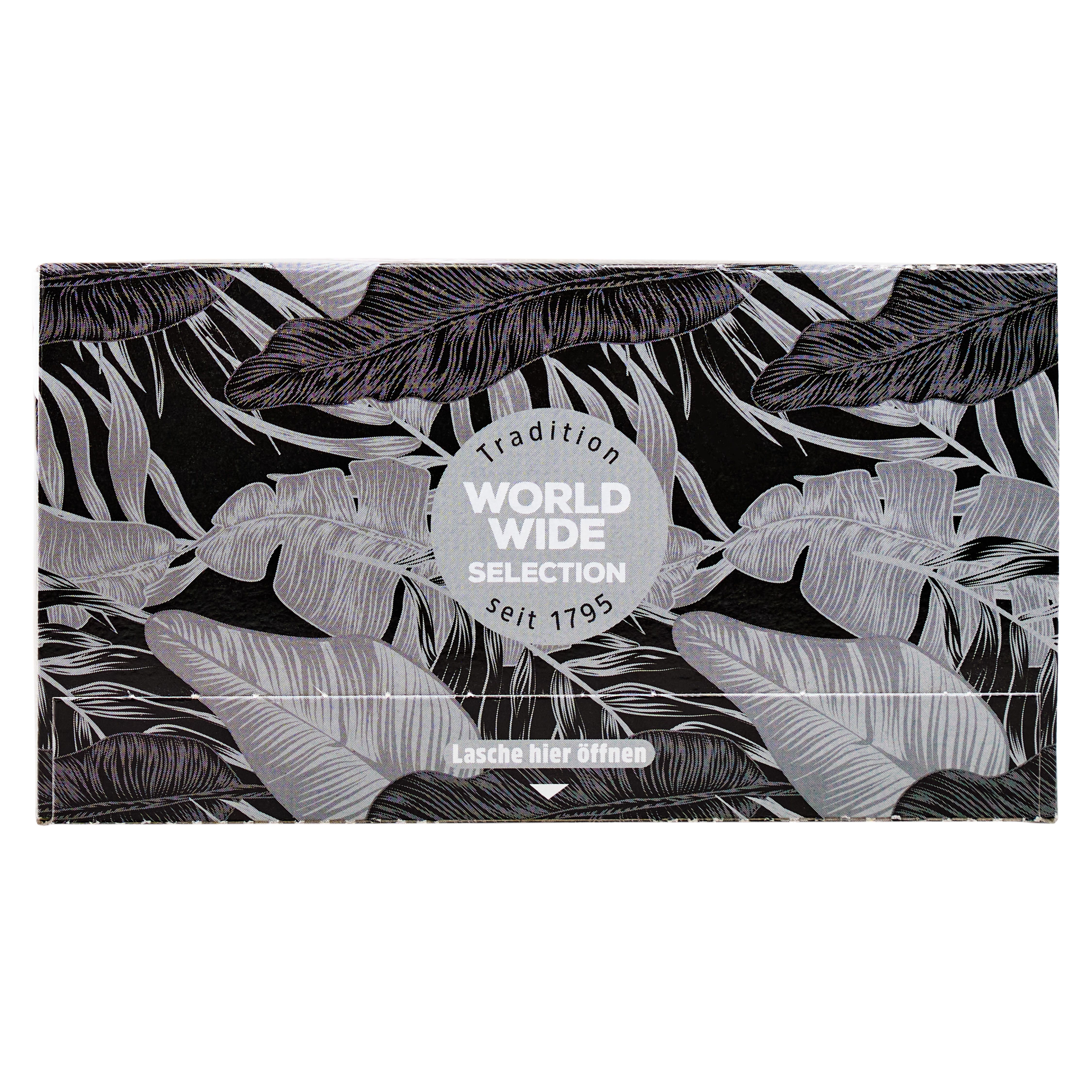 Packung mit Blattmuster und 'World Wide Selection seit 1795' Siegel.