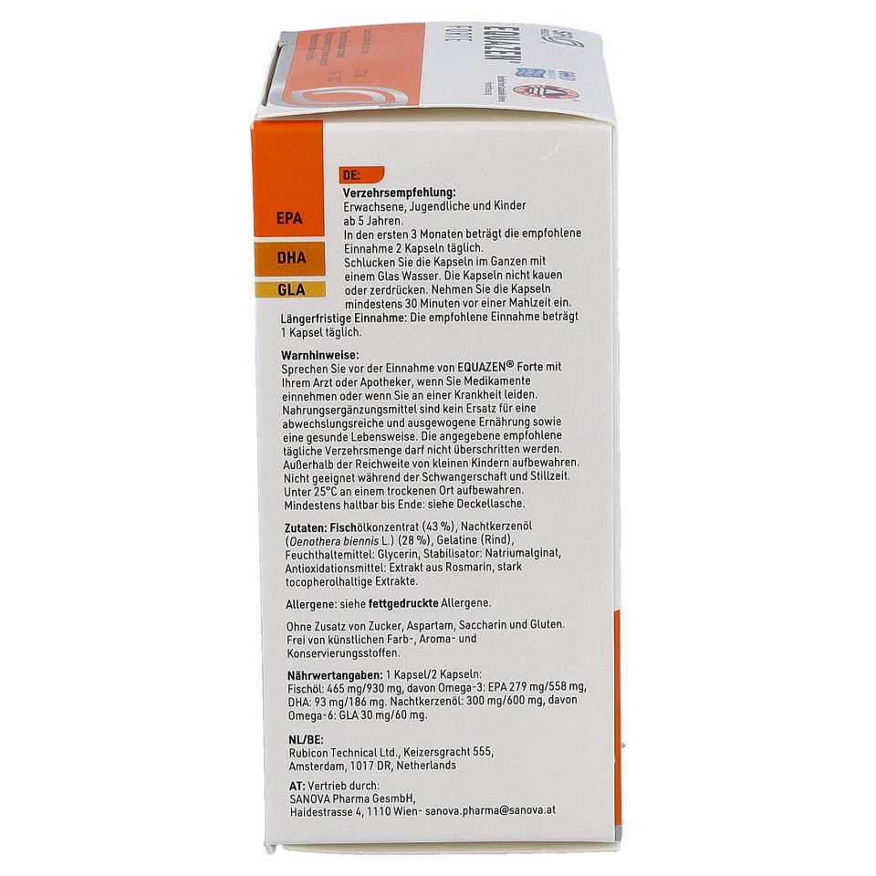 Rückseite der EQUAZEN® FORTE-Verpackung. Text über Dosierung, Inhaltsstoffe und Warnhinweise.