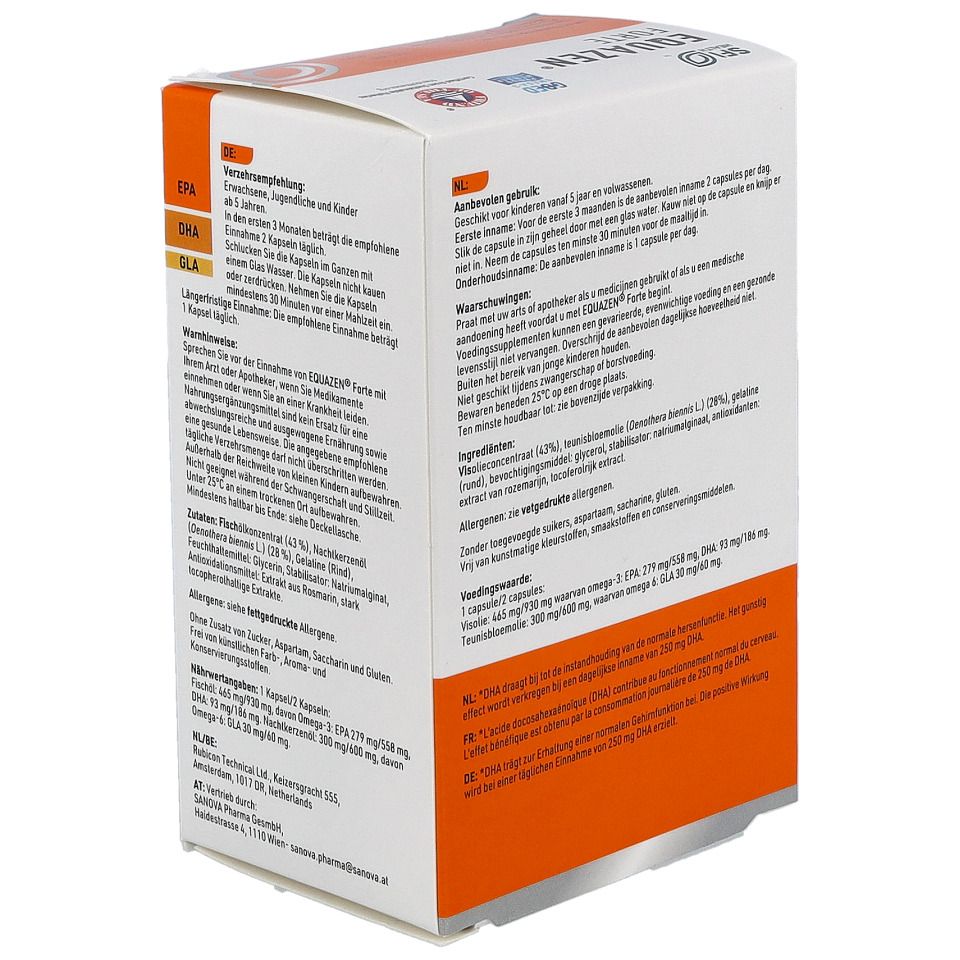 Seitenansicht der EQUAZEN® FORTE-Verpackung. Text über Dosierung, Inhaltsstoffe und Warnhinweise.