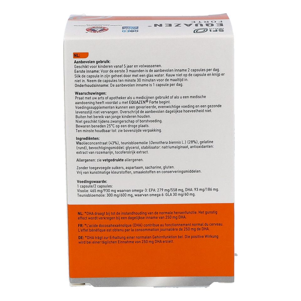 Seitenansicht der EQUAZEN® FORTE-Verpackung. Text über Dosierung, Inhaltsstoffe und Warnhinweise.