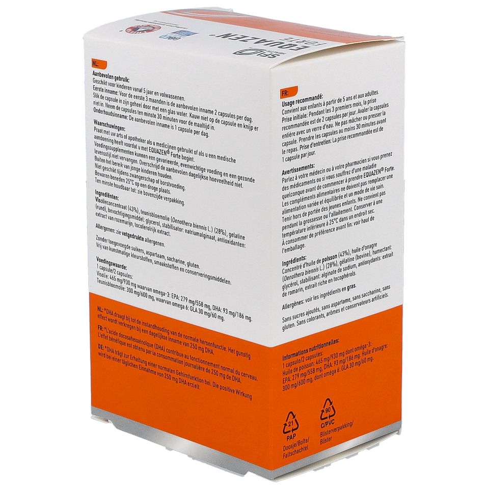 Seitenansicht der EQUAZEN® FORTE-Verpackung. Text über Dosierung, Inhaltsstoffe und Warnhinweise.